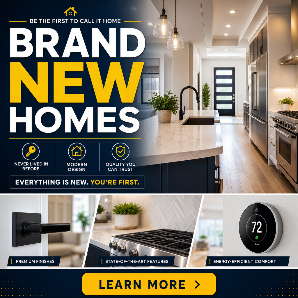 New construction ad with feature panels showing premium finishes and energy efficiency.