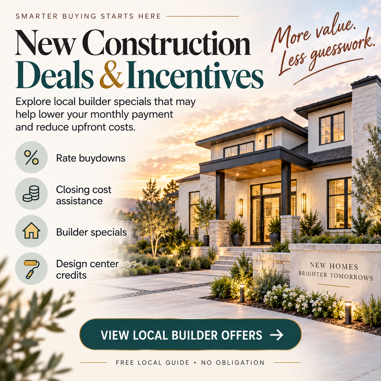 Example Facebook ad promoting local new construction deals, rate buydowns, closing-cost help, builder specials, and design credits