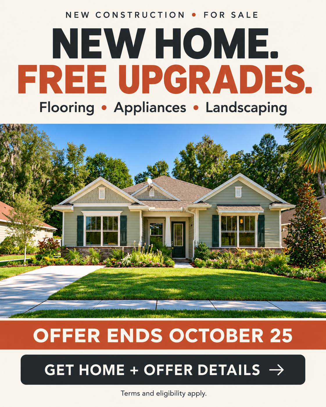 Illustrative new construction ad with free upgrades offer