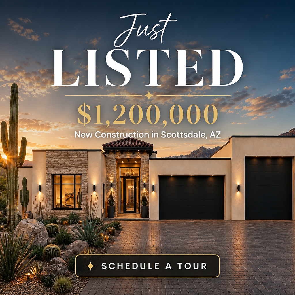 Just Listed Facebook ad creative for a $1,200,000 new construction home in Scottsdale, Arizona