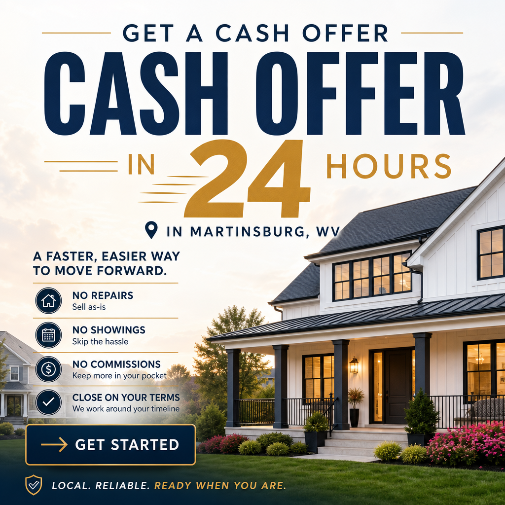 Cash Offer in 24 Hours Facebook lead ad for Martinsburg WV with No Repairs, No Showings, No Commissions