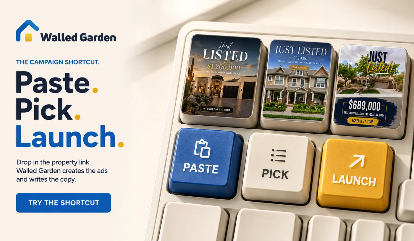 Paste, Pick, Launch keyboard keys with Just Listed real estate ad creatives