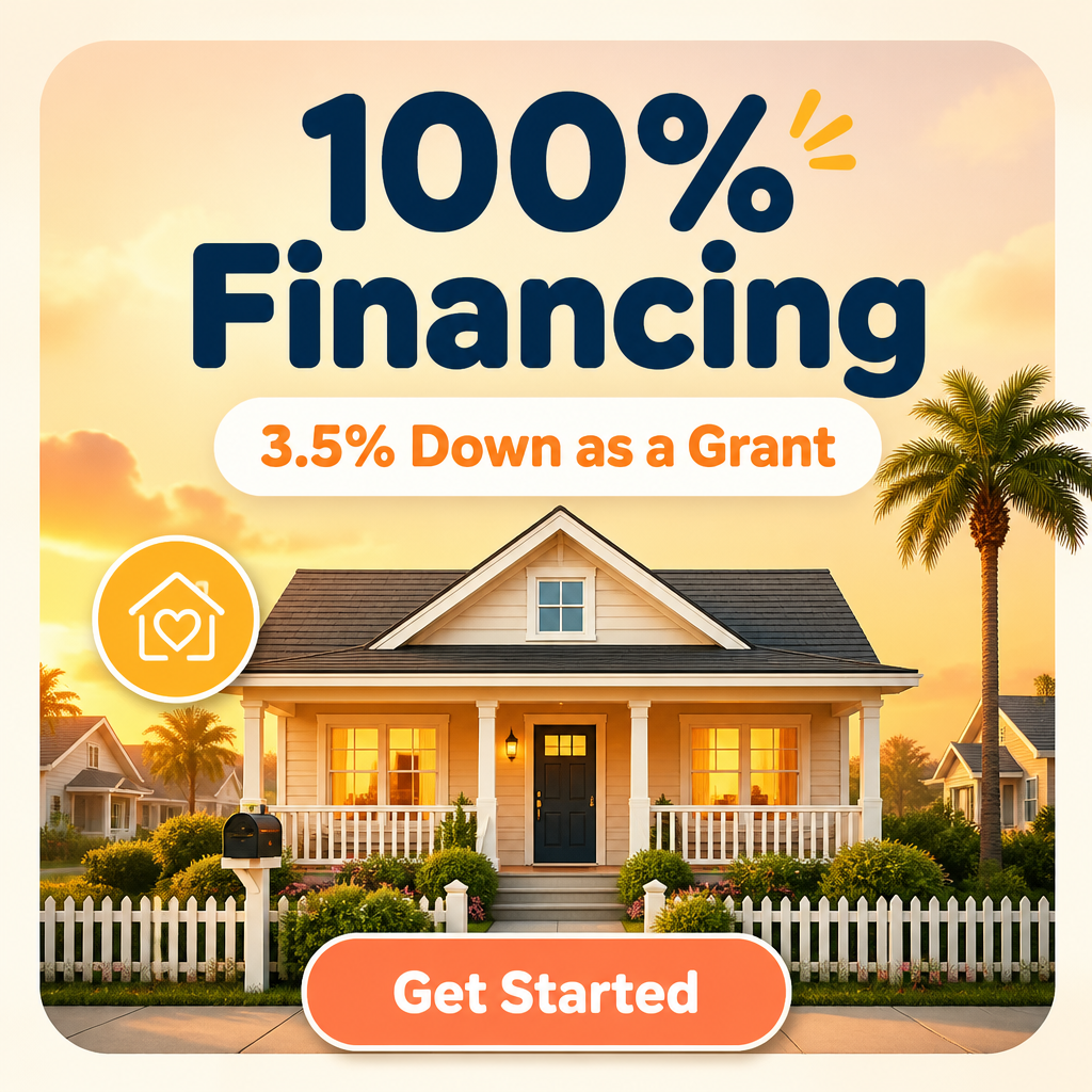 Mortgage ad for 100 percent financing with 3.5 percent down as a grant.
