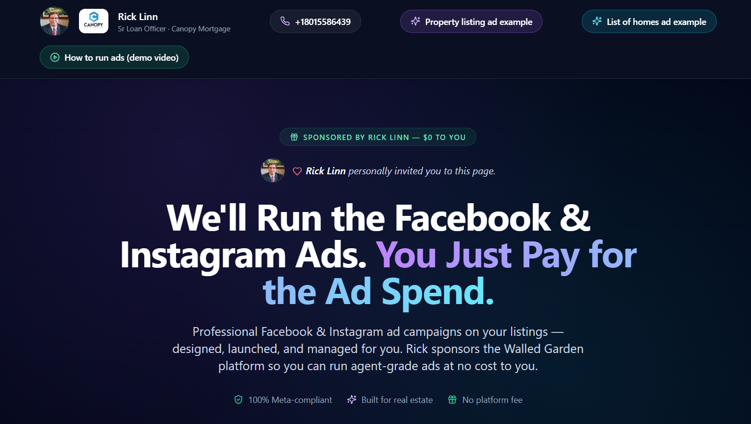 One pager preview showing Rick Linn, Sr Loan Officer at Canopy Mortgage, offering sponsored Facebook and Instagram ads