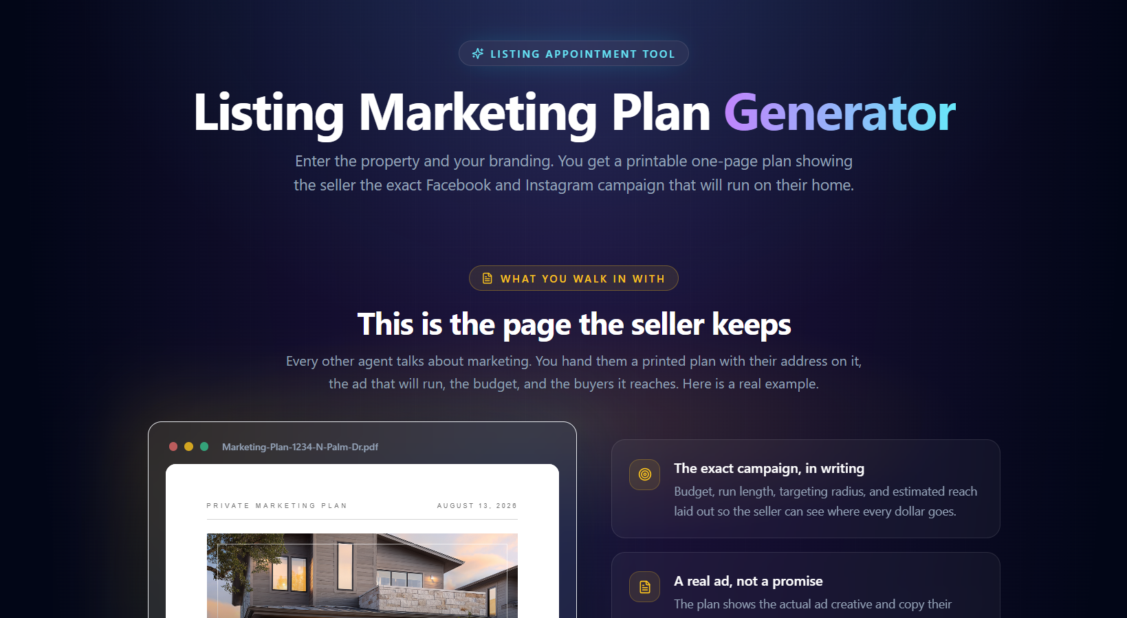 Listing Marketing Plan Generator preview showing a printable one-page Facebook and Instagram campaign plan for a home seller