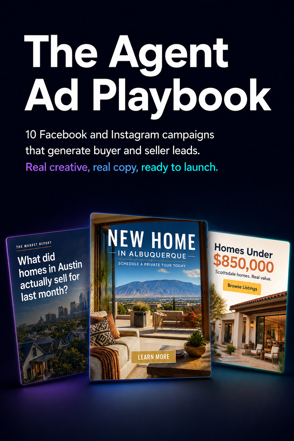 The Agent Ad Playbook cover showing real Facebook and Instagram ad creative examples