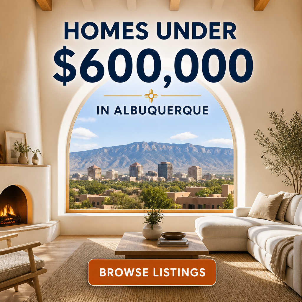 Homes under six hundred thousand dollars in Albuquerque ad creative.