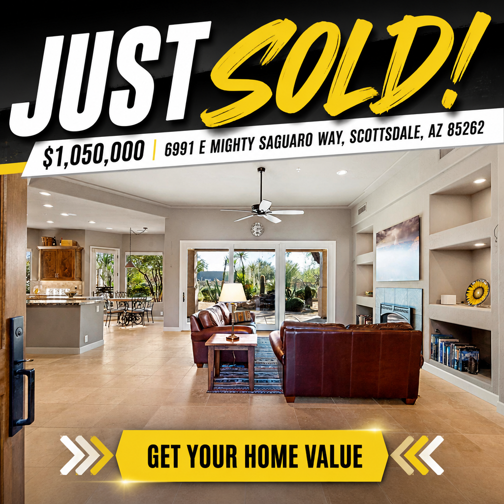 Just sold Facebook ad showing a $1,050,000 sale in Scottsdale AZ with get your home value call to action