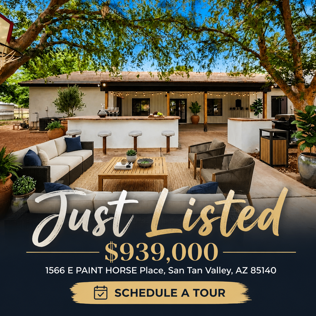 Just listed real estate Facebook ad with outdoor entertaining area and schedule a tour call to action