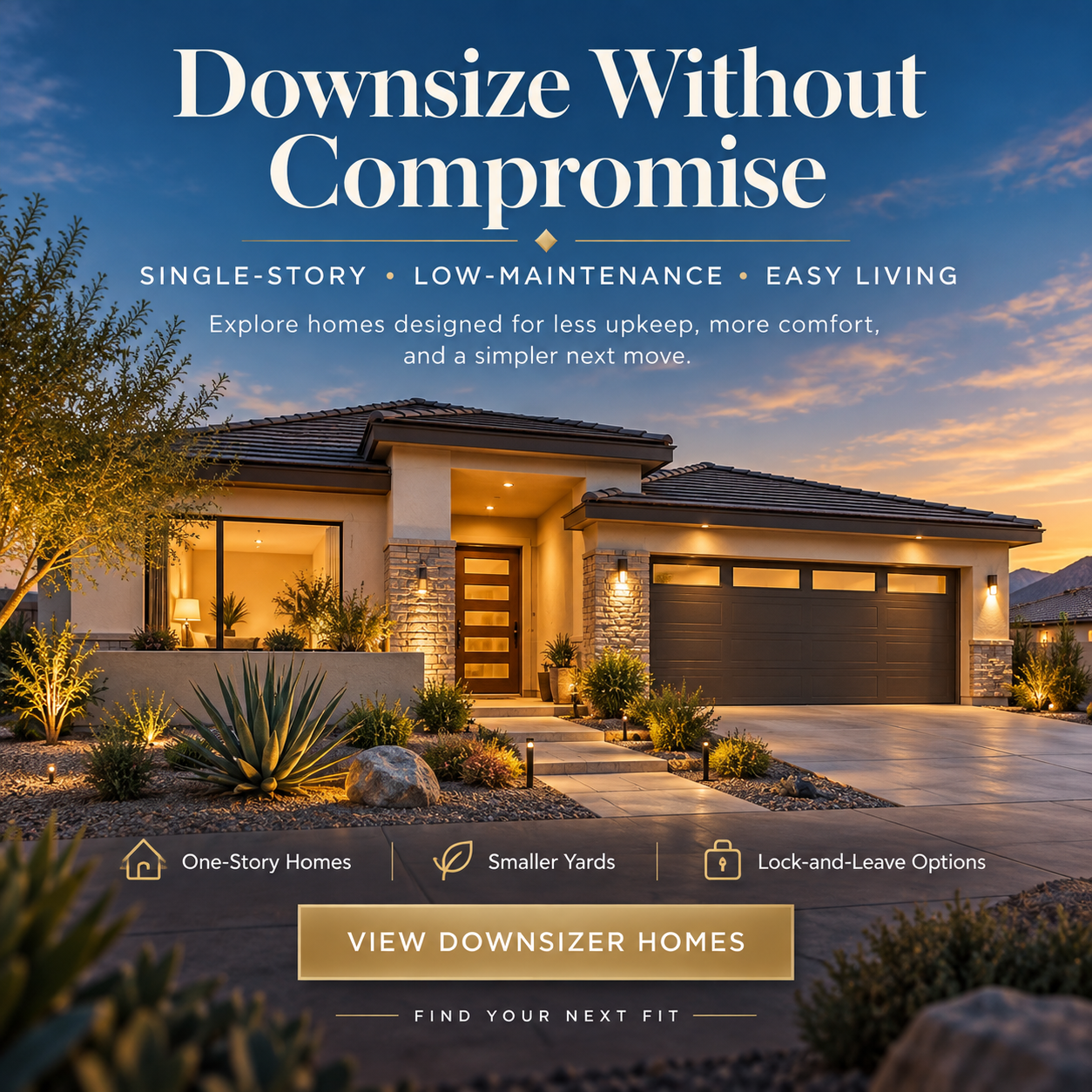 Example Facebook ad for single-story, low-maintenance homes aimed at homeowners considering downsizing