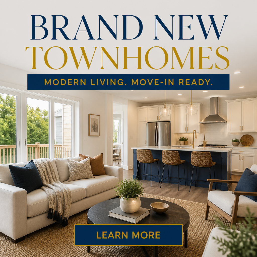 Brand new townhomes Facebook ad with modern kitchen interior and learn more call to action