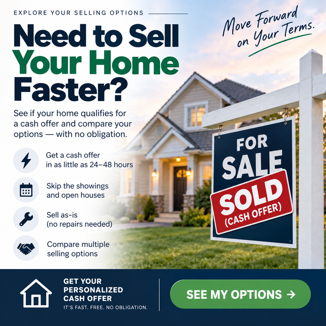 Example Facebook ad offering homeowners a personalized cash offer and multiple selling options