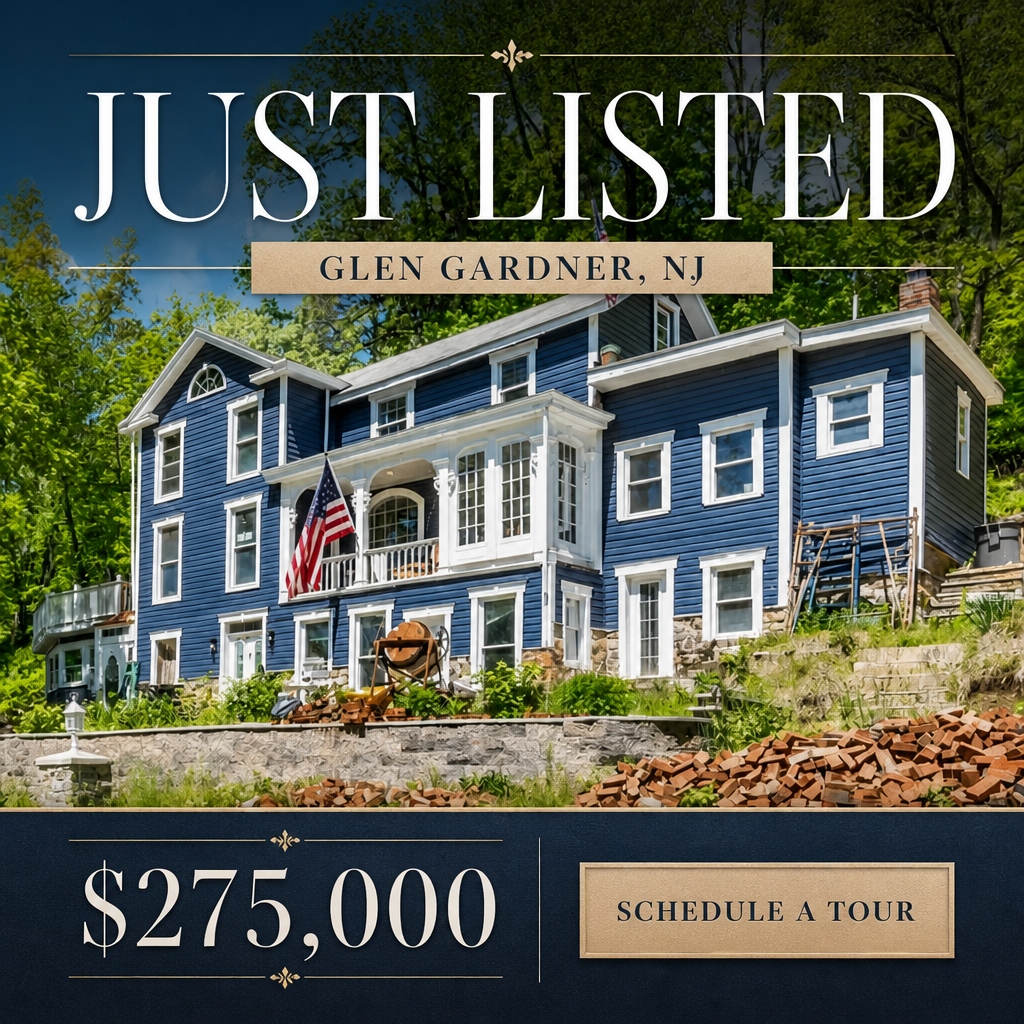 Editorial style just listed Facebook ad for a $275,000 home in Glen Gardner NJ with schedule a tour call to action