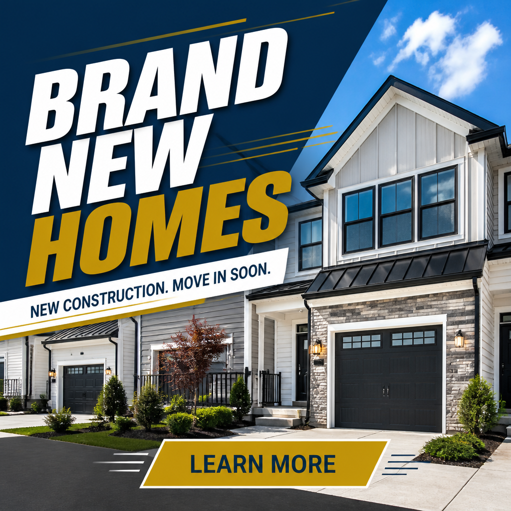 New construction real estate ad promoting brand new homes with bold text and learn more call to action