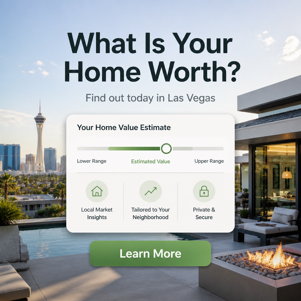 What Is Your Home Worth Facebook lead ad for Las Vegas with home value estimate slider and Learn More button