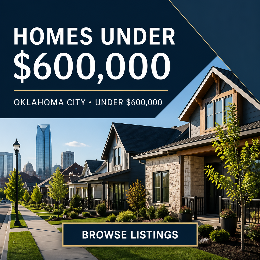 Homes under 600000 Oklahoma City Facebook ad with bold navy price headline and browse listings call to action
