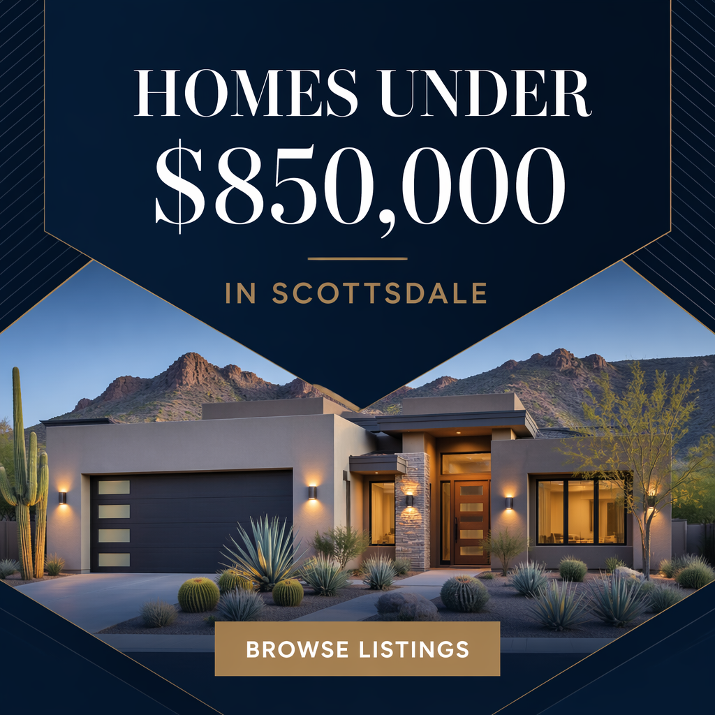 Real estate Facebook ad for homes under 850000 in Scottsdale with luxury home image and browse listings call to action