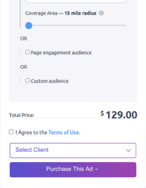 Add client interface showing business name, Facebook page connection, and contact fields