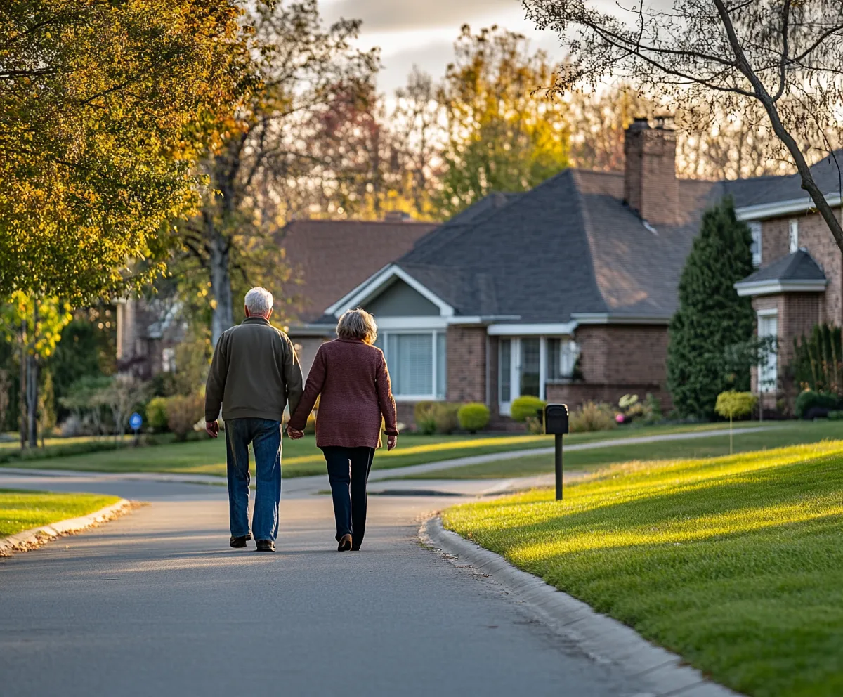 Baby Boomer couple walking through suburban neighborhood representing $19 trillion housing market