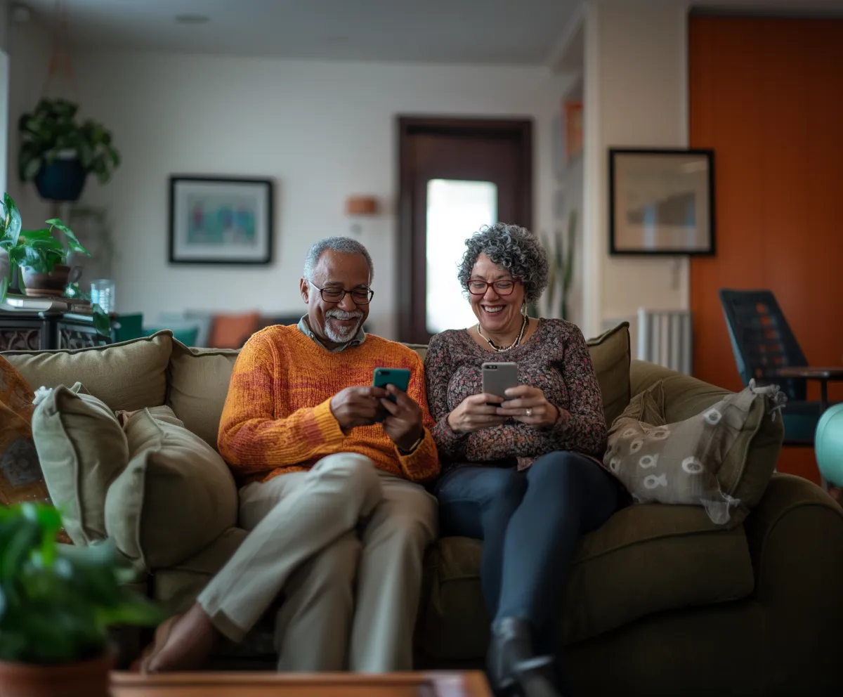 Baby Boomer couple using smartphones demonstrating social media engagement