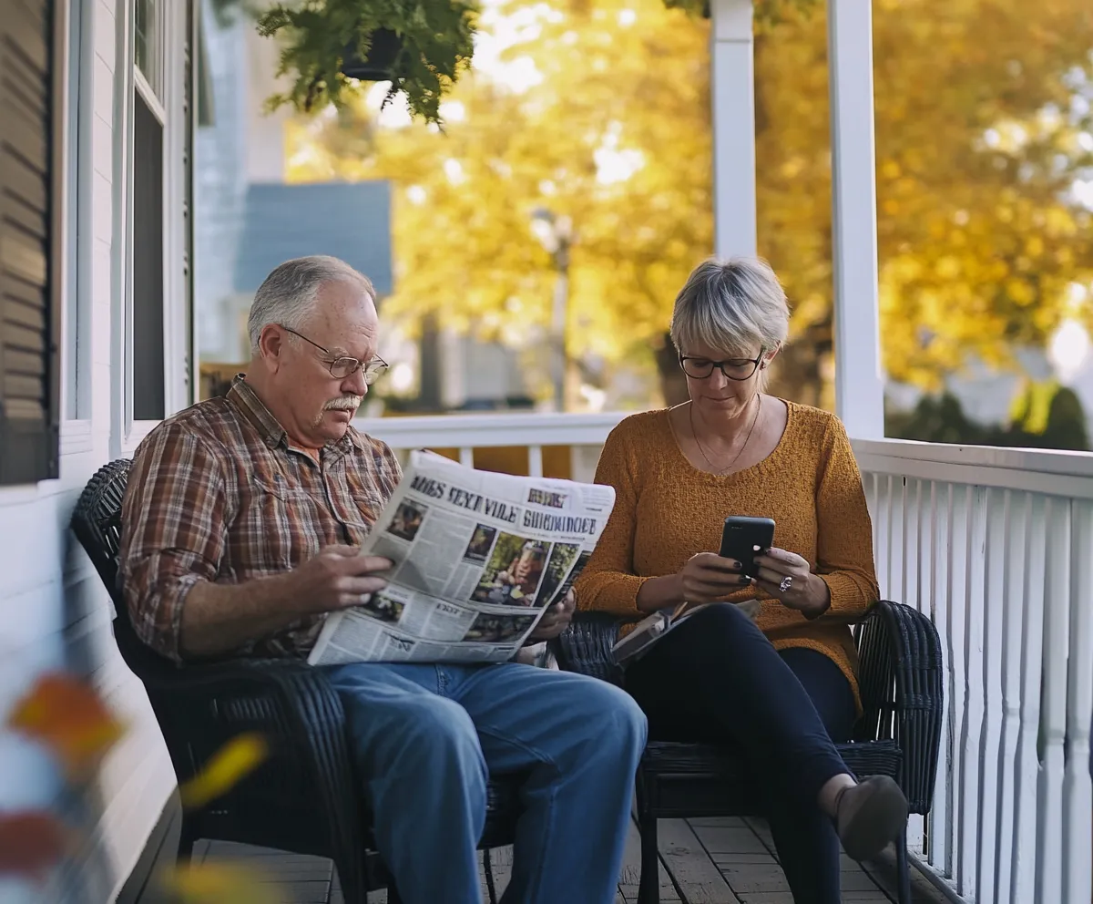 Baby Boomer couple reading newspaper and smartphone illustrating multi-platform content consumption