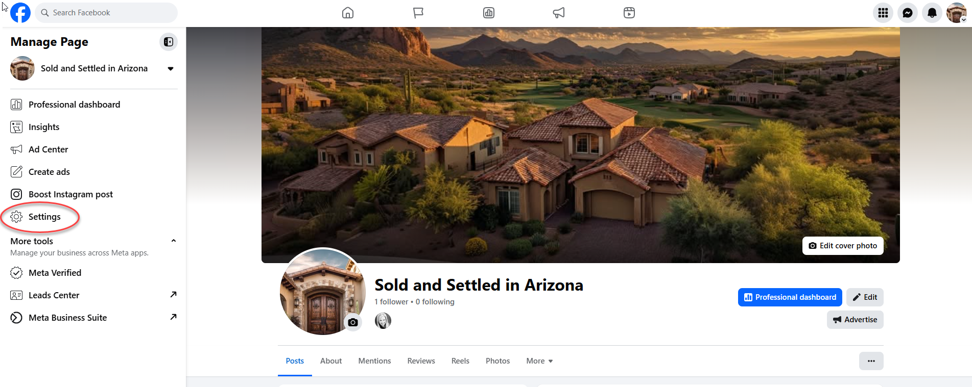 Facebook Business Page showing the Settings option in the left sidebar menu