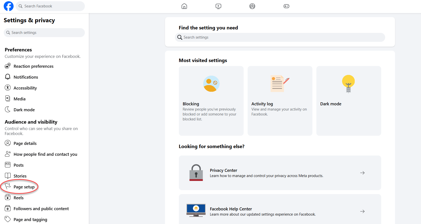 Facebook Settings page showing Page setup option circled in the Audience and visibility section