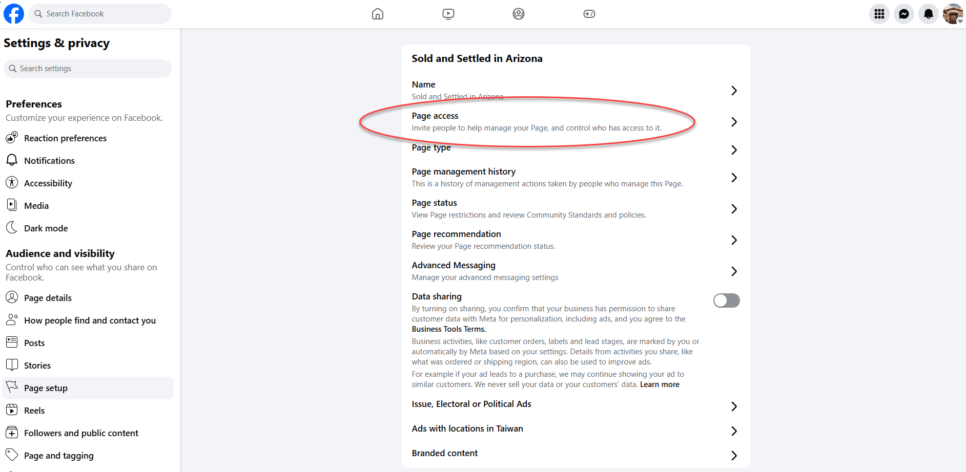 Facebook Page setup screen showing Page access option circled