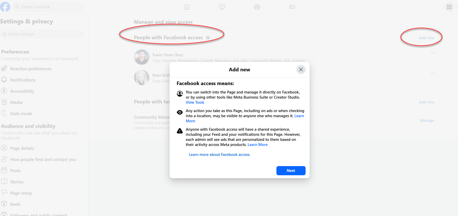Facebook Page access screen showing Add new button under People with Facebook access