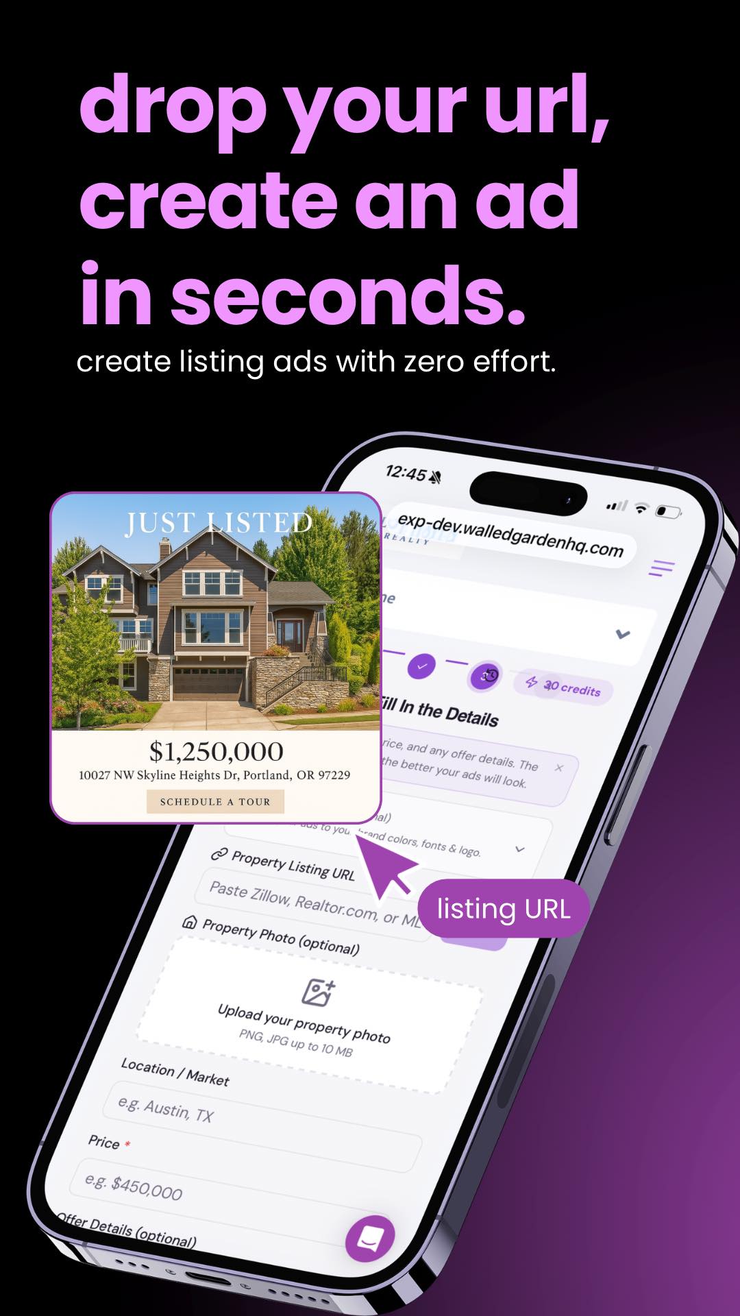 Drop your listing URL and create an ad in seconds — showing the Creative Studio interface with a Just Listed property ad
