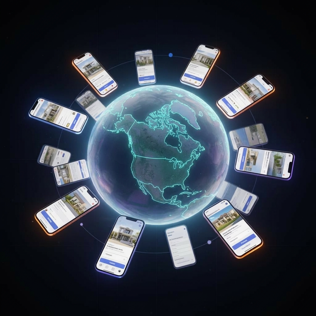 Facebook and Instagram real estate ads orbiting a glowing globe, representing Walled Garden's global Meta advertising reach