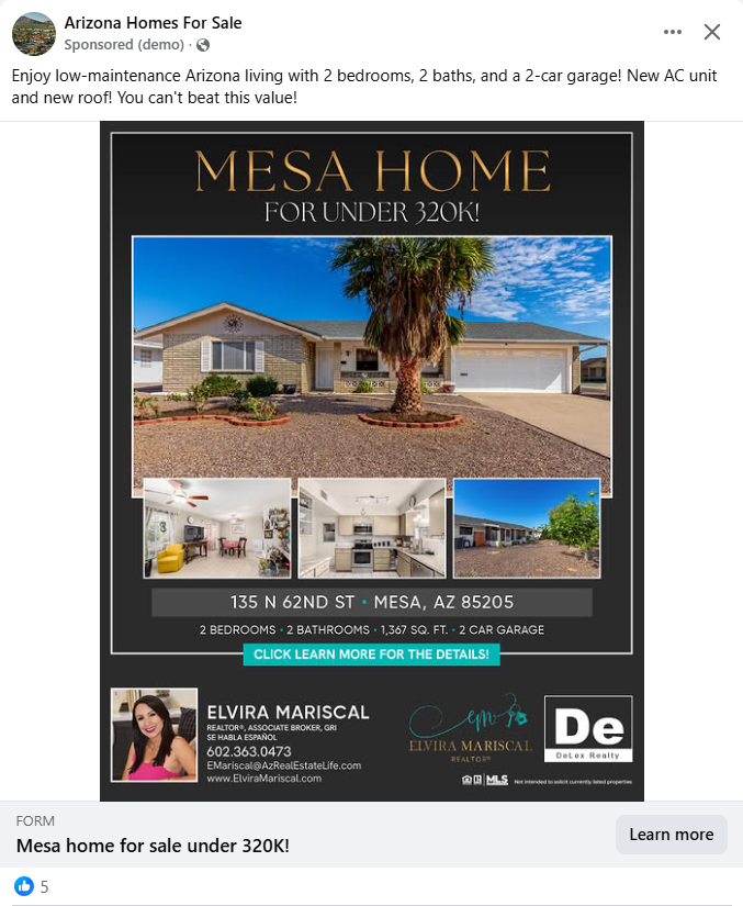 Facebook ad for Elvira M. - Mesa Home - Under $320K