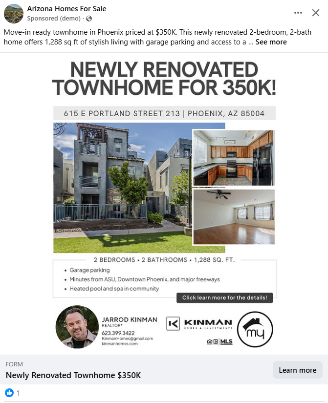 Facebook ad for Jarrod K. - Phoenix Townhome - $350K