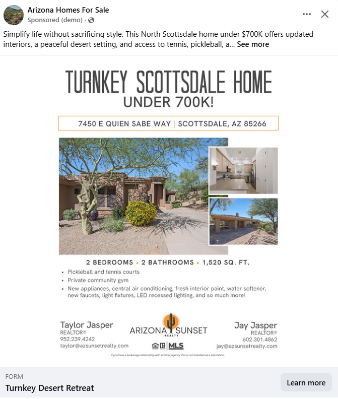 Facebook ad for Taylor J. - Scottsdale Home - Under $700K