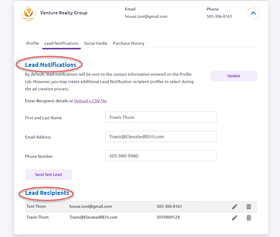 Lead Notifications tab showing the form to add recipients with First/Last Name, Email, and Phone fields, plus the Lead Recipients list below