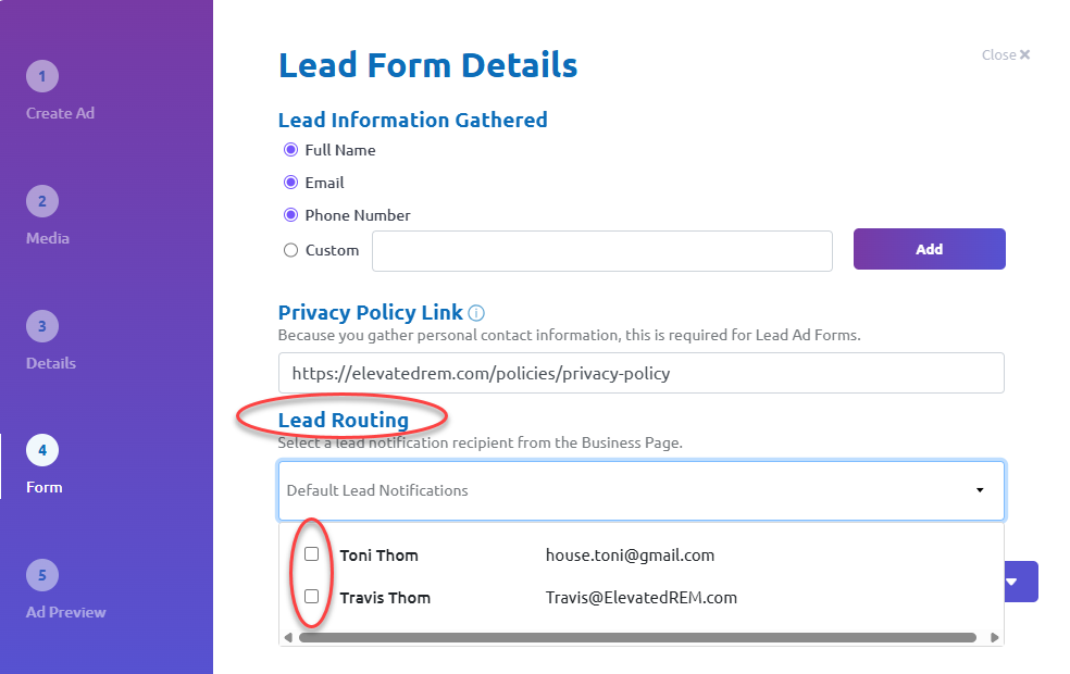 Lead Form Details showing the Lead Routing dropdown with available notification recipients including Toni Thom and Travis Thom