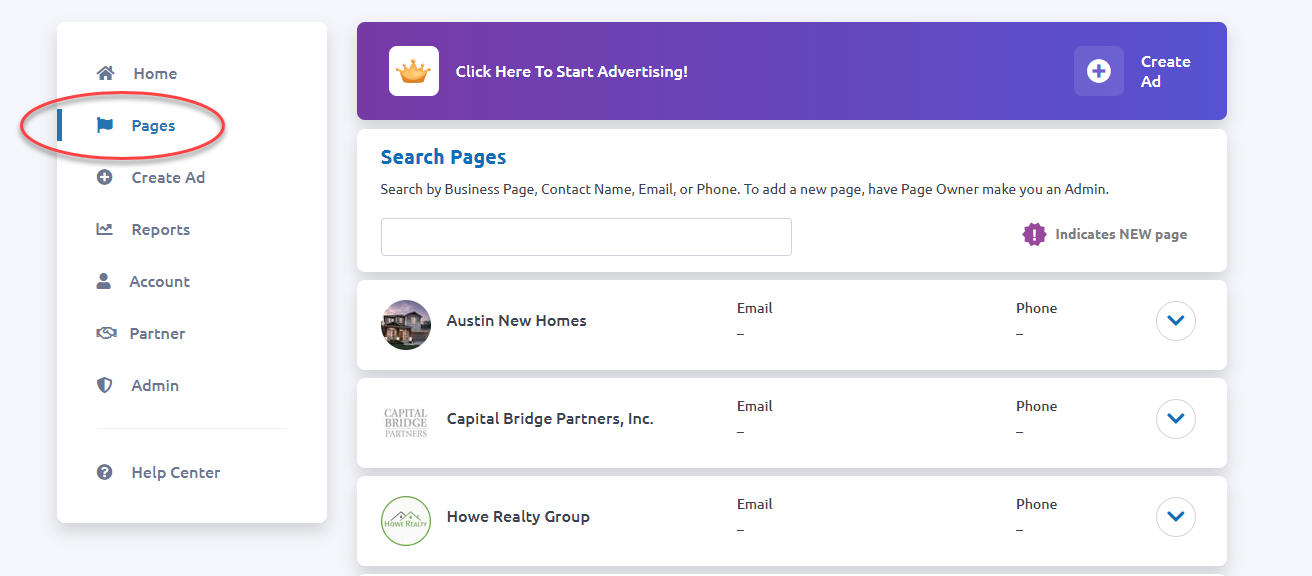 Walled Garden dashboard showing Pages tab highlighted in the left navigation menu with the Search Pages interface