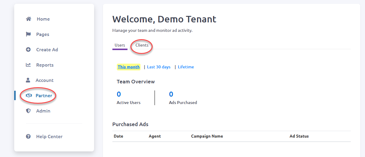 Walled Garden dashboard showing Partner tab in the left navigation menu and Clients tab selected