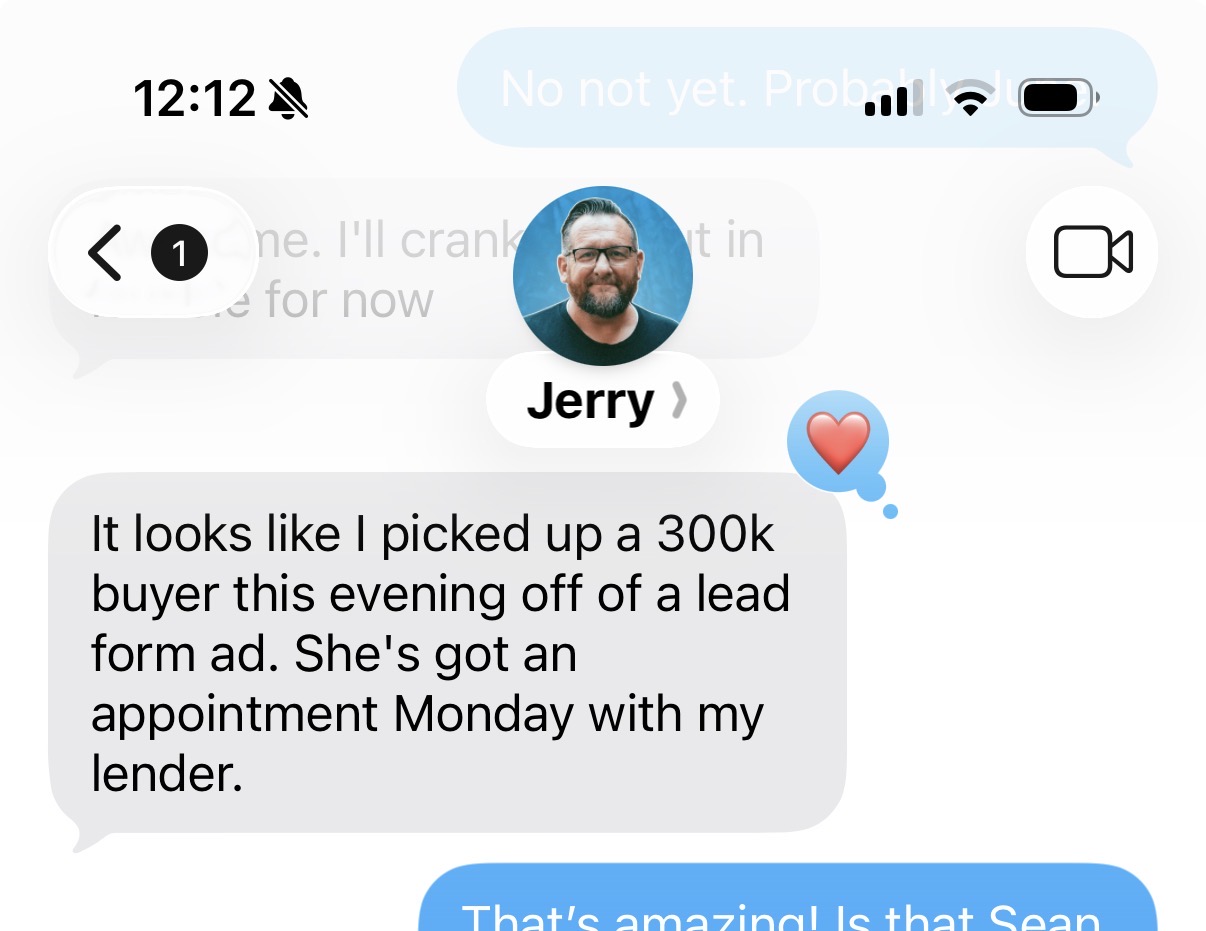 Text message from Jerry the real estate agent telling Sean the loan officer he got a buyer from the listing ad