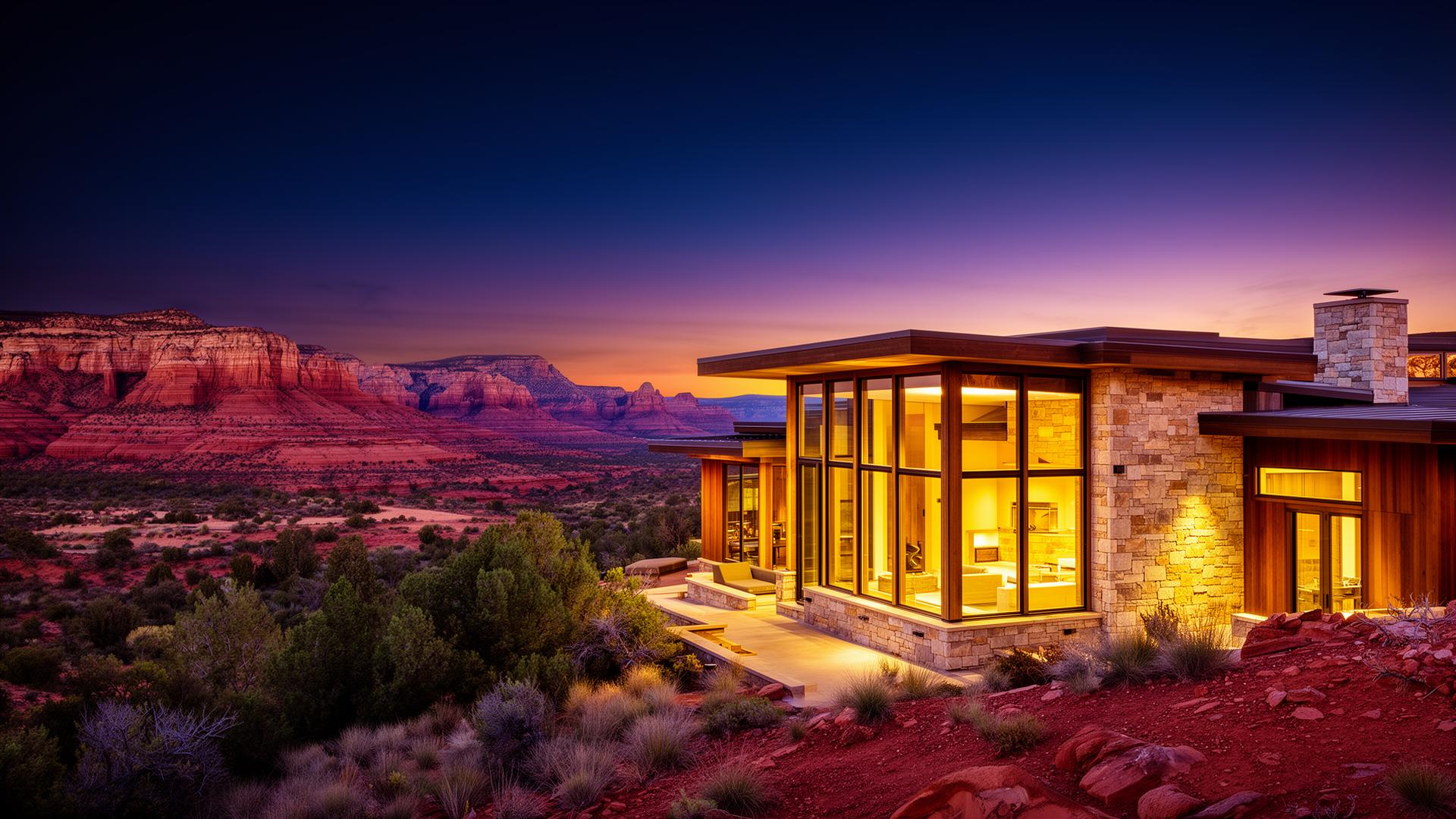 Modern stone-and-wood home at dusk in red rock landscape with warm interior glow
